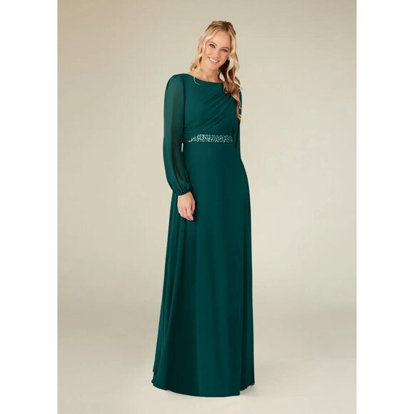 Azazie Priyanka Peacock A-Line Boatneck Pleated Chiffon Maxi Dress - Picture 1 of 8